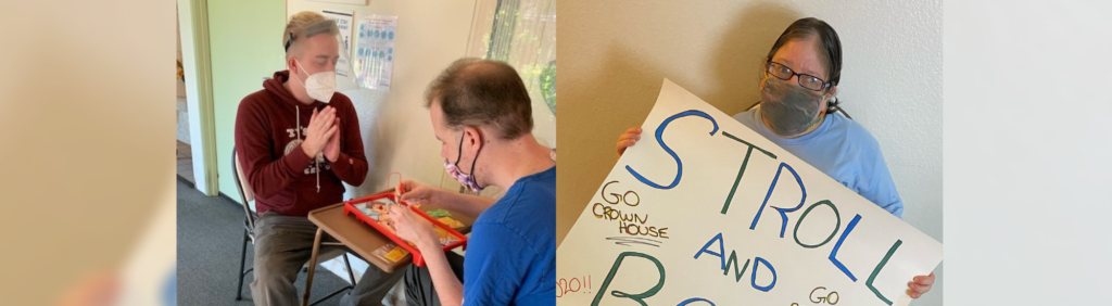 Photo of AbilityFirst program staff playing a game with a participant who has developmental disabilities and another individual holding a Stroll and Roll poster